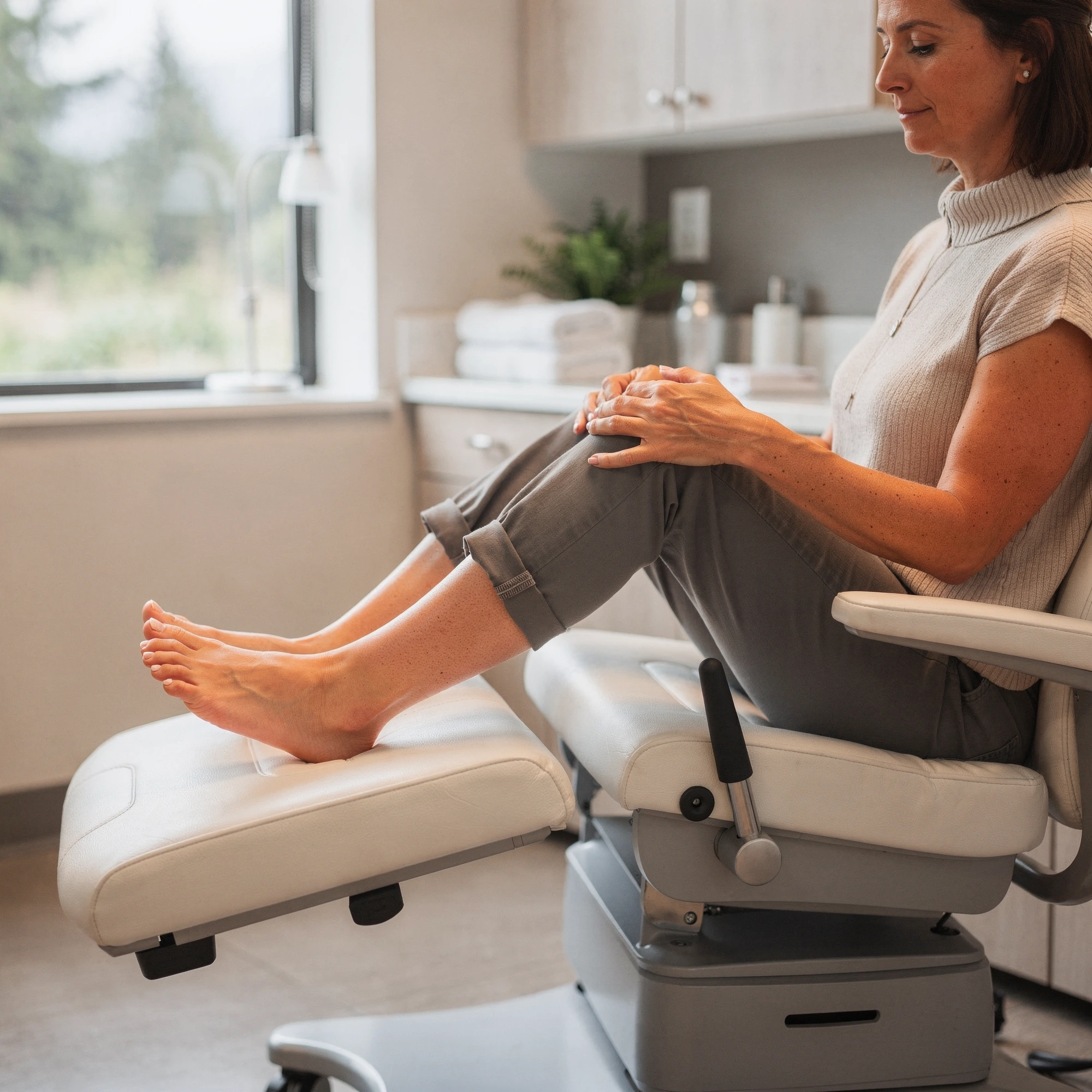 Woman reclining in a podiatry chair holding her knee – podiatry care in McMinnville, OR